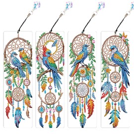 MVVMTOP 4pcs 5D Diamond Art Painting Bookmarks with Crystal Pendant, DIY Dreamcatcher & Bird, Pecial Shape Crystal Diamond Partial Art Bookmarks for Book Lovers