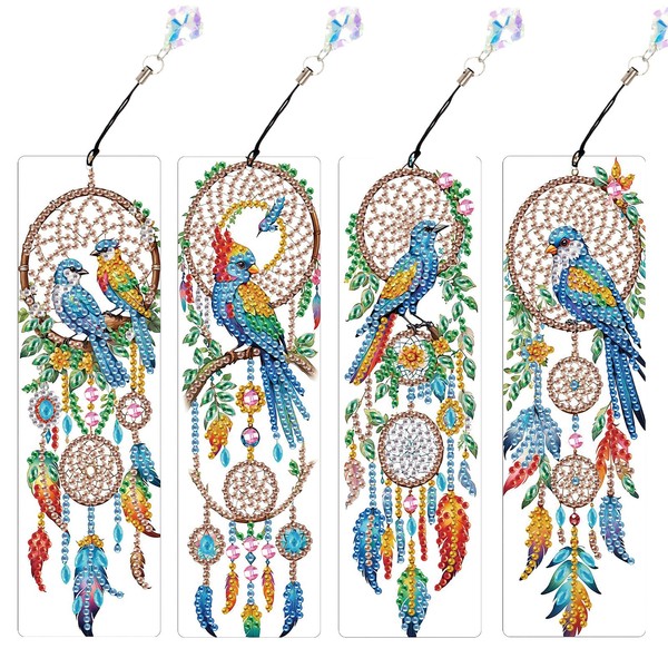 MVVMTOP 4pcs 5D Diamond Art Painting Bookmarks with Crystal Pendant,
