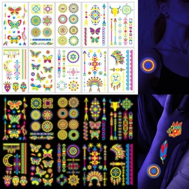 Glow in the Dark Tattoos 80 PCS Glow in the Dark Party Supplies, Neon Body Paint Be UV Blacklight Reactive Face Temporary Tattoo for Adults, Neon Accessories Party Favors Decorations Q747