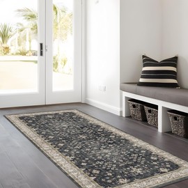 Black Boho Washable 3x6 Large Kitchen Runner Rug, Indoor Entryway Home Office Floor Rug, Non-Slip Stain & Fade Resistant, Vintage Floral Decor