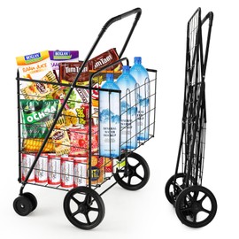 Furniga Folding Shopping Cart, Grocery Cart with Swiveling Wheels & Non-Slip Handle, Rolling Trolley with Double Storage Baskets, Utility Metal Carts for Shopping Laundry Luggage Groceries (Black)