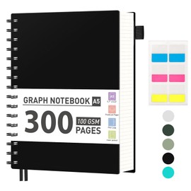 AHGXG Graph Paper Notebook, 300 Pages Spiral Notebook Journal, A5 Grid Paper Notebook, 100gsm Thick Paper, Plastic Hardcover Journals for School Writing Engineering Math, 5.7" x 8.3", Black