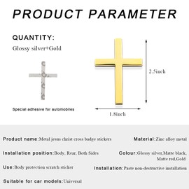 DXNQ 2PCS Metal Jesus Christ Cross Badge Stickers, 2.5"×1.8" Alloy 3D Individual Car Cross Sticker, Self Adhesive Scratch Covering Metal Cross Auto Emblem Decal for Car Body Fender Tail (Silver+Gold)
