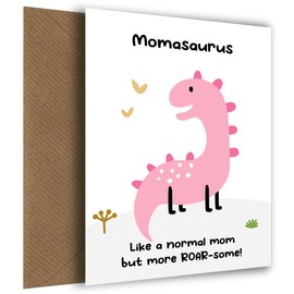 Mom Birthday Cards from Son or Daughter - Momasaurus Card - Pink Dinosaur Bday Card for Mom from Little Boy, Girl or Toddler. Perfect for Mom, Mum, Mom