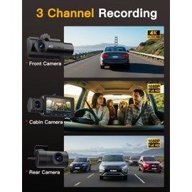 QCONTROL® 4K 5G WiFi 3 Channel Dash Cam Front and Rear Inside, 4K+1080P+1080P Dash Camera for Cars, GPS Dashcam, Car Camera with 3-Inch Screen, IR Night Vision, 24Hr Parking Mode, G-Sensor, 64GB Card