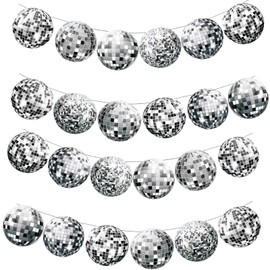 2 Stück Glitzer Discokugel Deko Girlande Banner, Disco Party Dekorationen,Discokugel Wirbel Girlanden Deko für Geburtstag, Karneval, 80er 90er Jahre Disco Party Deko (Silber)