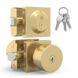 Mega Handles SUANA Entrance Combo, Door Knob and Cylinder Deadbolt and Key Combo, Heavy Duty Locking Door Knobs for Left or Right-Handed Doors – Satin Brass
