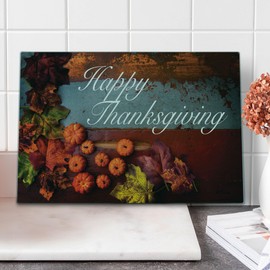 Lunarable Thanksgiving Cutting Board, Hand Writing Text on Wooden Vintage Board with Pumpkins and Leaves, Decorative Tempered Glass Cutting and Serving Board, Large Size, Ruby Orange