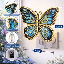 Hohean Butterfly Night Light, 0.6W LED Butterfly Night Light Plug into Wall, Manual On/Off Switch, Monarch with Gold Trim Decorative, 360°Swivel Plug, Girls,Kids&Adults Bedroom Bathroom Decor(Blue)