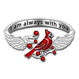 SUPAC Red Cardinal Wing Ring, Silver-Plated 'I Am Always with You' Inspirational Message, Adjustable - Christmas, Party, or Birthday Gift