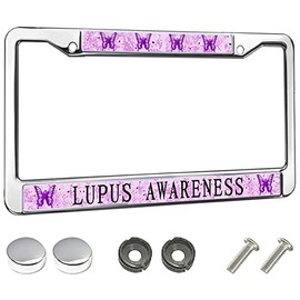 Lupus Awareness with Butterfly License Plate Frame Slim Stainless Steel Polish Mirror License Plate Cover Tag 2 Holes