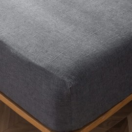 MooMee Fitted Bottom Sheet Only 100% Washed Cotton Linen Like Textured Breathable Durable Soft Comfy Deep Pocket Fits Mattress up to 17" (Dark Grey, Twin)