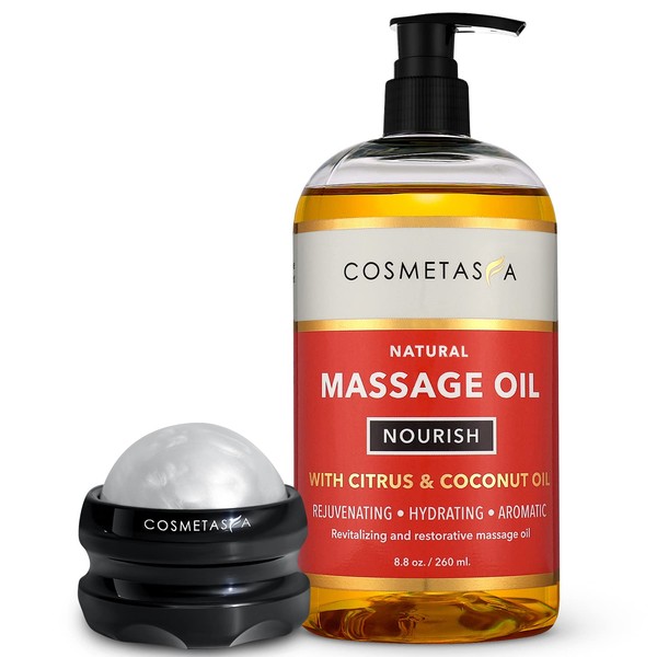 Natural Nourishing Massage Oil with Massage Roller Ball- Citrus & Coconut- Non Greasy, with Therapeutic Rejuvenating, Hydrating & Aromatic Essential Oils for Dry Skin, Soothes Muscles & Joints 8.8 oz