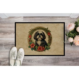Caroline's Treasures DAC2432JMAT Shih Tzu Christmas Flowers Doormat Front Door Mat Indoor Outdoor Rugs for Entryway, Non Slip Washable Low Pile, 24H X 36W