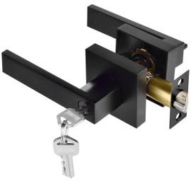 Entry Door Handle Lever with Lock Key, Black Square Heavy Duty Door Knob for Use Entry, Passage, Bathroom, Office, Bedroom, Front Entrance Exterior Interior, Rust-Proof Black Coating