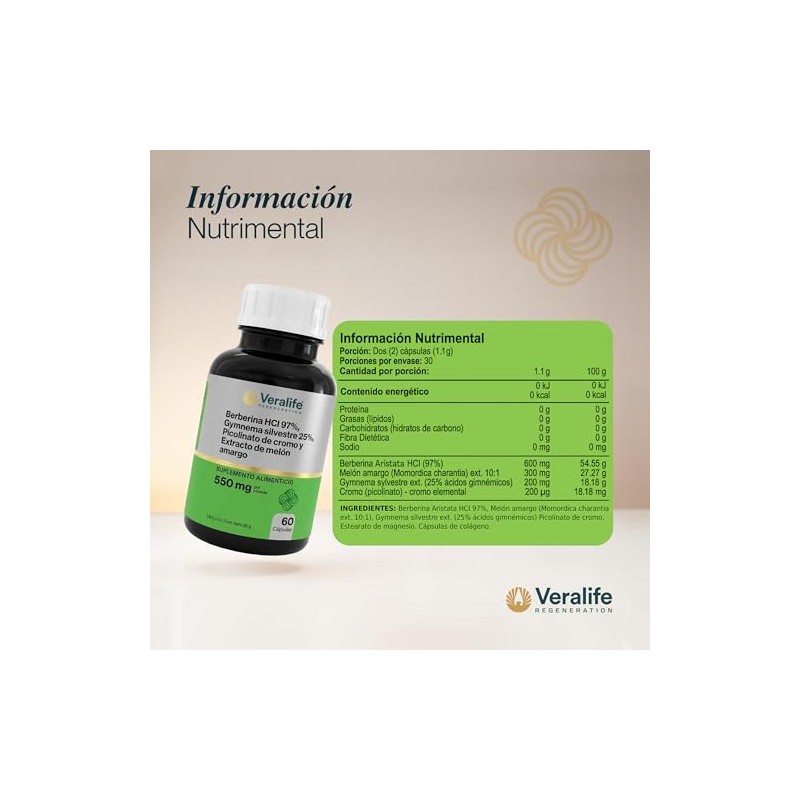 Veralife Berberina Hcl Suplemento Cápsulas 550