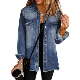 UEAL Womens Spring Jacket Trendy Navy Blue Denim Button Down Jean Shirts for Women Large Nightfall Blue