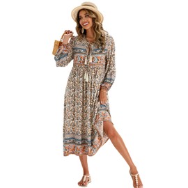 R.Vivimos Women's Long Sleeve Floral Print Retro V Neck Tassel Bohemian Midi Dresses (2XLarge, Beige#1)