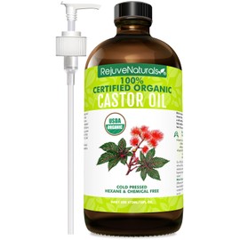 RejuveNaturals Castor Oil (16oz Glass Bottle) USDA Certified Organic, 100% Pure, Cold Pressed, Hexane Free. Boost Hair Growth for Thicker, Fuller Hair, Lashes & Eyebrows.