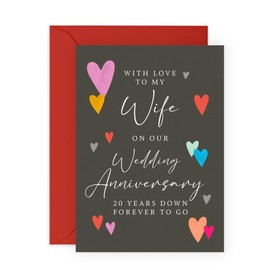Romantic 20th Anniversary Card For Her - '20 Years Wedding Anniversary Wife' - Gifts for Spouse, Babe, Lovebug, Darling, Other Half - Forever To Go - Comes with Fun Stickers