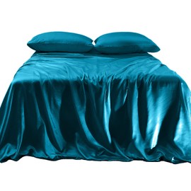Elegant Comfort Luxurious 4-Piece Silky Satin Sheet Set, Skin and Hair Friendly, Wrinkle, Fade, Stain Resistant with Deep Pockets Fitted Sheet, Cooling Soft Satin Sheet Set, King, Turquoise