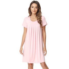 NACHILA Nightgowns for Women-Viscose Made from Bamboo, Short Sleeve Nightshirt Pleated Sleepshirts Soft Sleepwear Pink M