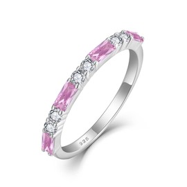 Inpasne Eternity Pink Tourmaline Ring for Women 925 Sterling Silver Stackable Baguette October Birthstone Ring Promise Engagement Wedding Ring for Her Size 7