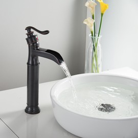 BATHFINESSE Oil Rubbed Bronze Waterfall Bathroom Sink Faucet, Deck Mount Single Handle Single Hole Vanity Faucet with Pop Up Drain & Supply Lines, Easy Install for Farmhouse & Commercial