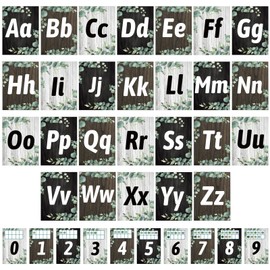Whaline 36 Pack Eucalyptus Alphabet Number Bulletin Board Set Greenery Alphabet ABC Card Number 0-9 Card with Glue Points Green Leaves Prize Awards Card for Teaching School Classroom Home Wall Decor