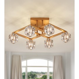 AMZASA Modern Crystal Chandelier,Gold Semi Flush Mount Ceiling Light Antique Brass Geometric 6 Lights Light Fixture for Dining Room Living Room Bedroom Kitchen Island Office