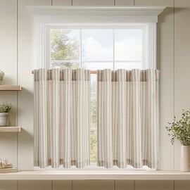 jinchan Linen Kitchen Striped Tier Curtains Ticking Stripe Farmhouse Pinstripe Cafe 45 Inch for Living Room Bathroom Small Window Curtains Light Filtering 2 Panels Taupe Grey