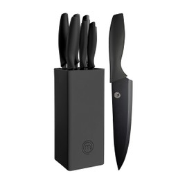 MasterChef Knife Set with Block, 6 Kitchen Knives and a Universal Knife Holder, Extra Sharp Stainless Steel Blades for Precise Cutting with Non Stick Coating & Soft Touch Easy Grip Handles, Black