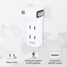 SYCON 4 Outlet Wall Adapter with A Power Switch and Night Light, 2-Prong Extender Adapter Plug with 4 Electrical Outlets for Travel Home Hotel Office-White 1 Pack