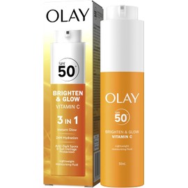 Olay Vitamin C Brighten & Glow 3-in-1 Moisturising Fluid SPF50+ – 50ml | Hydrating Moisturiser, Primer & UV Protection | With Niacinamide & Vitamin C for Radiant, Even-Toned Skin