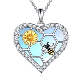 YONFQE Bee Necklace 925 Sterling Silver Honeycomb Pendant Daisy Jewelry Gifts for Women Mother