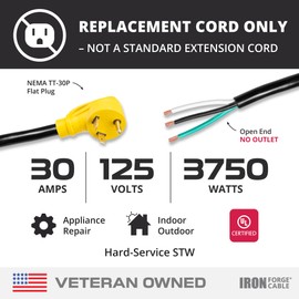 Iron Forge Cable 30 Amp RV Replacement Cord 20 ft - 10/3 RV Extension Cord 20 Foot NEMA TT-30P to Open End 3 Wire - Heavy Duty 10 Gauge STW RV Cord