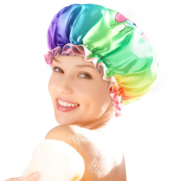 Mikimini Rainbow Shower Cap, Reusable, Washable, Double Layer Waterproof Shower Cap, X-Large, 2 Pack, Unicorn