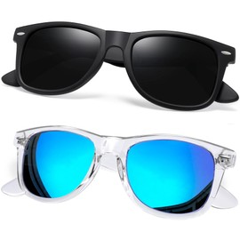 2 Pack Clear Blue Polarized Sunglasses for Men Women Trendy Black Mens Sunglasses Womens Shades Mirrored Blue Lens Square Sun Glasses UV Protection for Driving Fishing Travelling Golf
