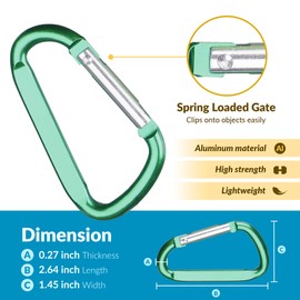 Neteez Keychain Carabiner Clip - 2.6" Small D-Ring Lightweight Color Set Key Chain Belt Clip Outdoor Backpacking Gate Snap Hook Camping, 6 pcs Pack
