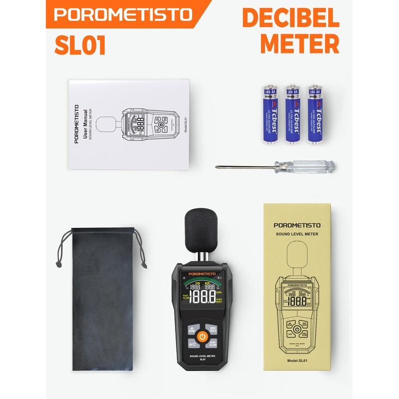 Decibel Meter, POROMETISTO SL01 Digital Sound Level Meter, 30-130dB SPL