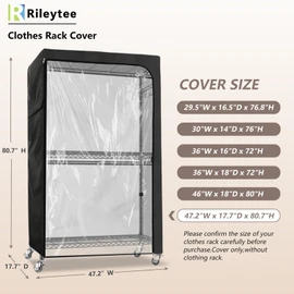 Rileytee Garment Rack Cover,600D Heavy Duty Waterproof Clothing Rack Cover,Clothes Rack Cover with Zipper for Metal Garment Rack（Clear Front,47.2"W x 17.7"D x 80.7"H,Cover Only)