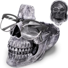 READAEER Skull Glasses Stand Holder, Creative Eyeglasses Holder, Sunglasses Spectacle Display Rack, Key Holder Resin Sculptures for Entryway, Home, Office, Desk, Nightstand (Silver)