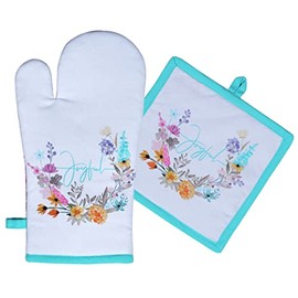 AMOUR INFINI Pot Holders and Oven Mitt Heat Resistant Non Slip Reusable Set of 1 Oven Mitt and 1 Pot Holder Oven Gloves Pot Holder for Cooking (Joyful Floral Design)