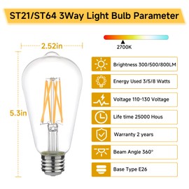 CHULEIBACUI ST21/ST64 3 Way LED Bulb, E26 Base, 30/50/80W Equivalent 2700K Soft White – Non-Dimmable, Ideal for Reading & Home Lighting, 2-Pack