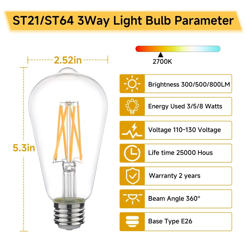 CHULEIBACUI ST21/ST64 3 Way LED Bulb, E26 Base, 30/50/80W Equivalent