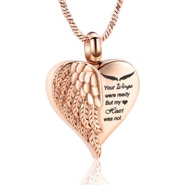 Yinplsmemory Love Heart Urn Necklace for Ashes Keepsake Memorial Cremation Jewelry Stainless Steel Angel Wing Ashes Holder Memorial Gift for Loss of Father/Mother/Pet (Rose gold)