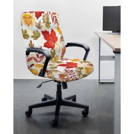 DecorLovee Fall Botanical Office Chair Covers Stretchable Computer Gaming Chair Cover, Red Orange Green Maple Leaf Thanksgiving Desk Chair Covers Removable Rotating Chair Slipcover with Zipper, L