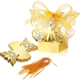 50 PCS Laser Cut Butterfly Wedding Favor Boxes with Ribbons, Hollow Butterfly Candy Chocolate Gift Boxes, DIY Party Romantic Small Souvenir Boxes for Wedding Bridal Birthday Shower Supplies (Gold)