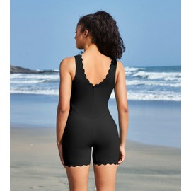 beautyin Black Womens Swimsuits One Piece Boyleg Sporty Scalloped Bathing Suit