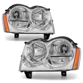 AXLAHA Headlight assembly for 05-07 Jeep Grand Cherokee Compatible with Jeep Grand Cherokee 2005 2006 2007 Chrome Housing Amber Reflector Replacement Pair Chrome Housing Amber Reflector Clear Lens